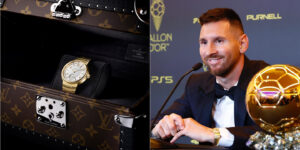 Lionel Messi diện đồng hồ Louis Vuitton Tambour khi nhận giải Quả bóng Vàng 2023