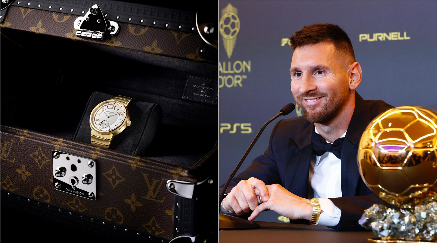 Lionel Messi wears custom Louis Vuitton and the new Tambour watch to attend  the 2023 Ballon d'Or(R)️ ce remony, for which Louis Vuitton has become the  Official Trophy Trunk Partner - Luxsure